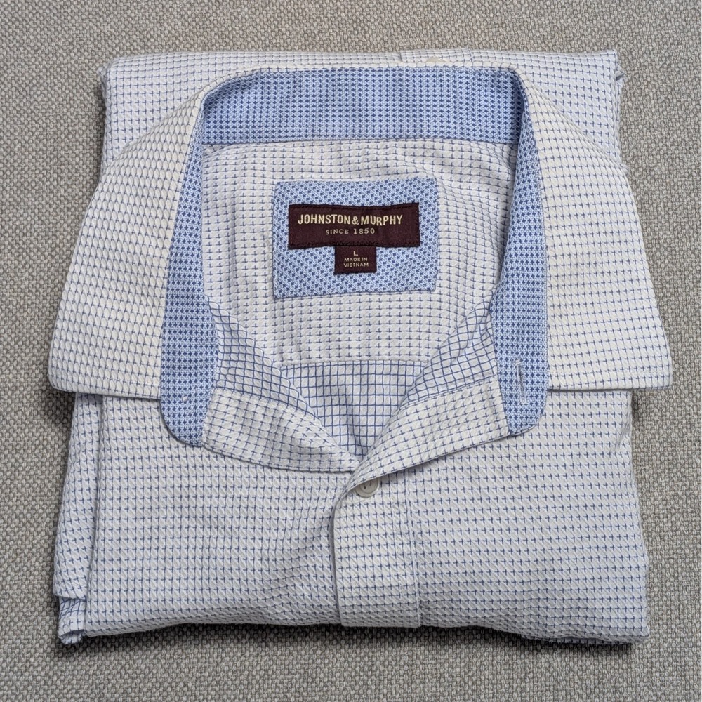 Johnston & Murphy Men's L Dress Shirt White Blue Micro Check Pattern Cotton